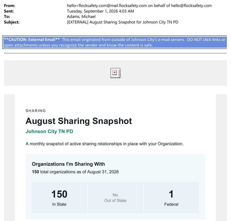 Flock's August Sharing Snapshot, sent Sept. 1, 2026: 150 total organizations, 150 in state, no out of state.